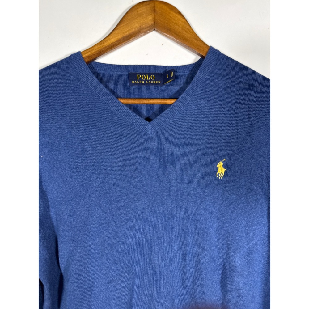 Polo Ralph Lauren Men Blue V-Neck Sweater Yellow Pony Logo Size Small Pullover